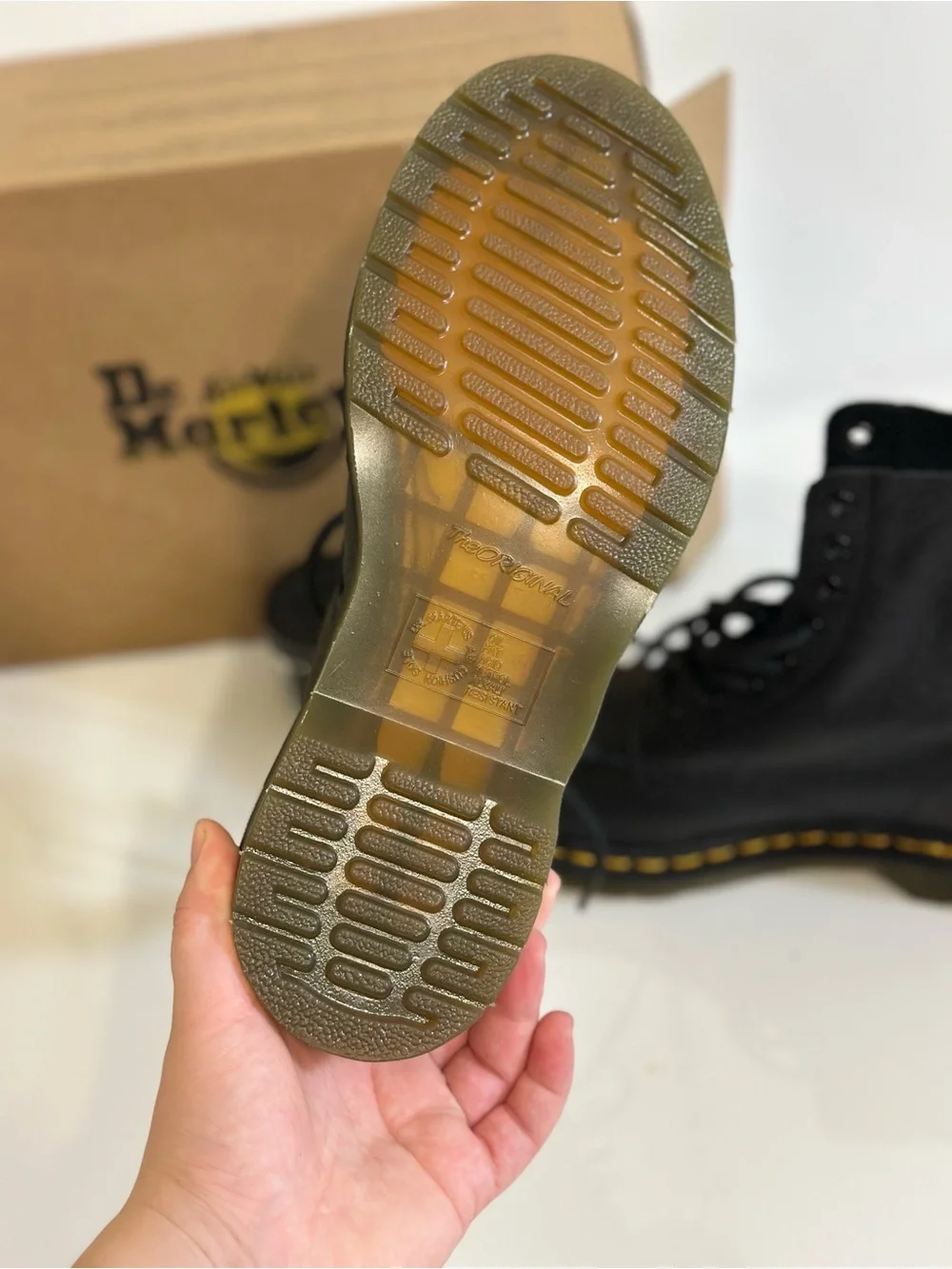 Dr. Martens Black Leather 8-Eye Boots with Yellow Stitching
